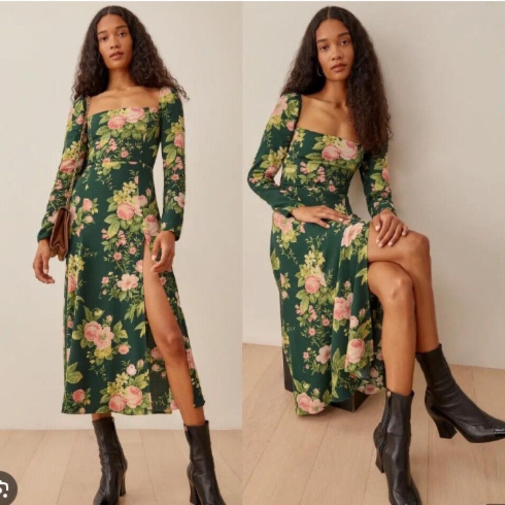 NEW NWT Reformation Green Floral Square Neck Sigmund Midi Dress Belvedere 2 $248